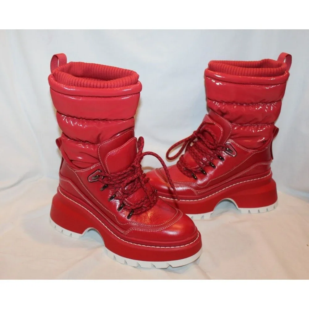 Michael Kors Women Shiloh Combat Boot Mixed Media Red Leather Size 6.5 NIB $295